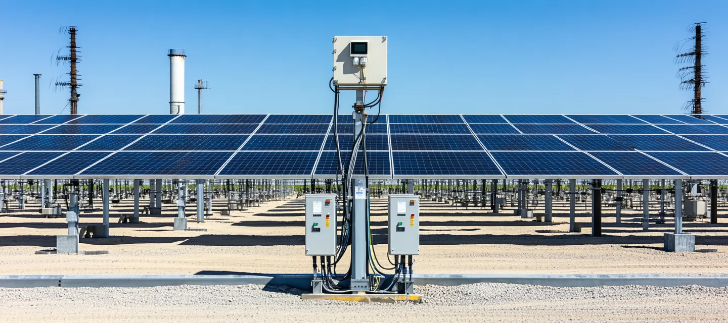 Industrial energy facility with monitoring equipment and sensor arrays, remote substation or solar farm setting