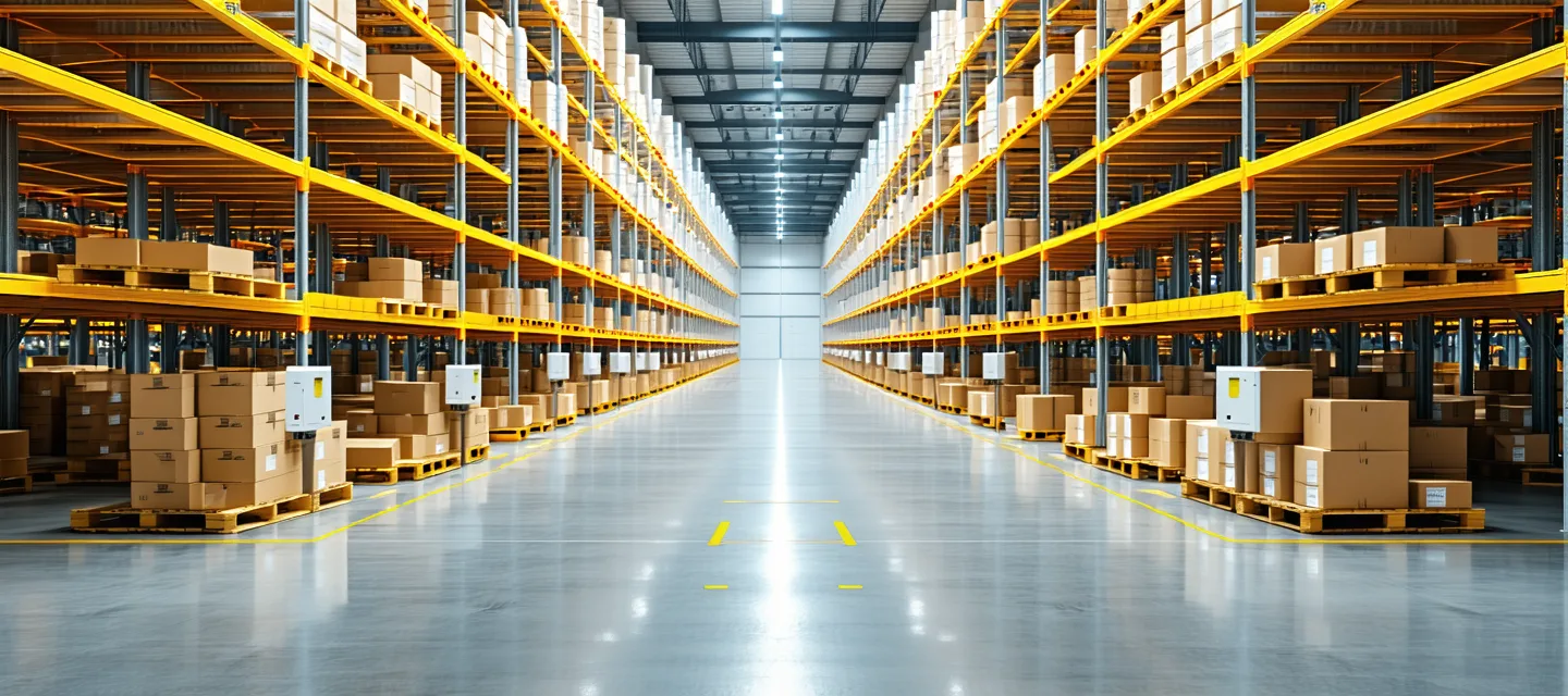 Large warehouse interior with high shelving racks, forklift pathways, and IoT sensor units visible on structural pillars