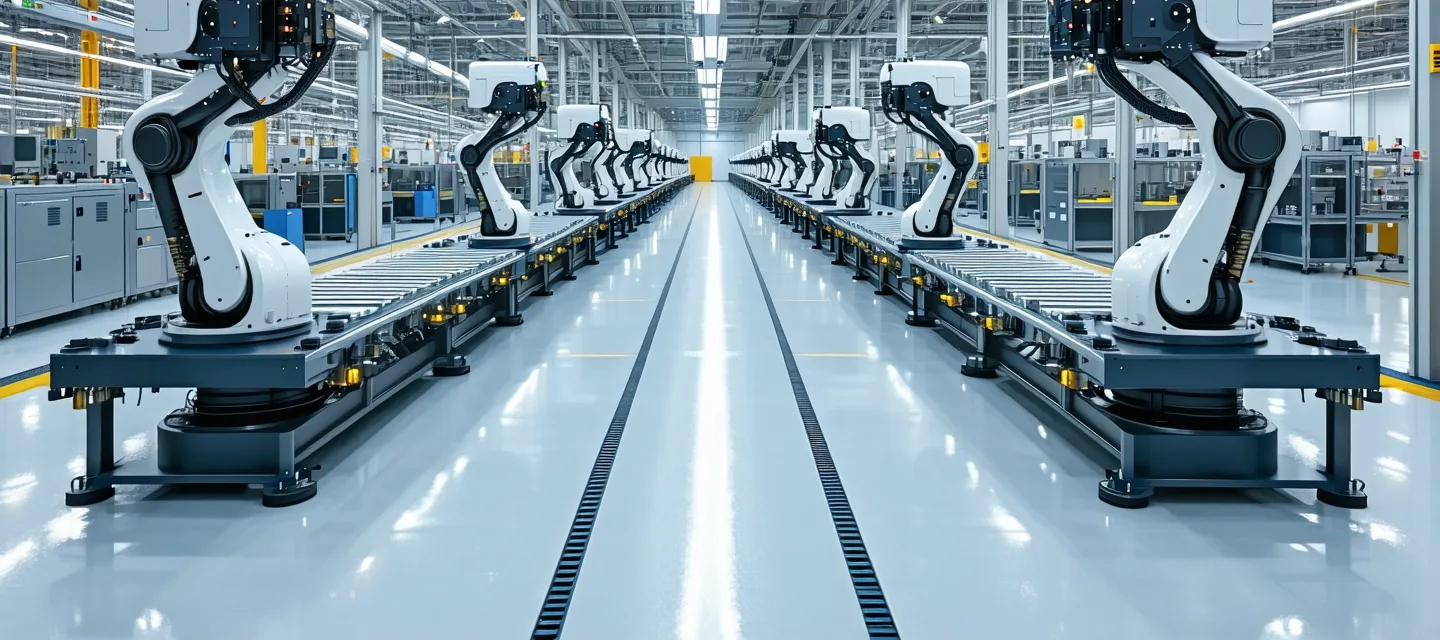 Wide shot of industrial assembly line with sensors mounted on equipment, professional manufacturing floor environment